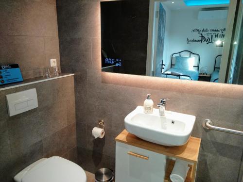 a bathroom with a sink and a toilet and a mirror at B&B Katoo in Linne