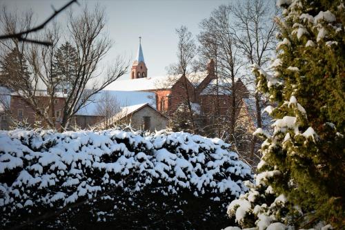 a snow covered bush with a church in the background at Baza Lipusz jacuzzi in Lipusz