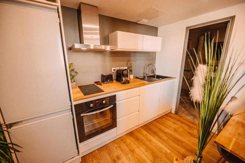 a kitchen with white cabinets and a sink and a refrigerator at La Casa Bali in Irigny