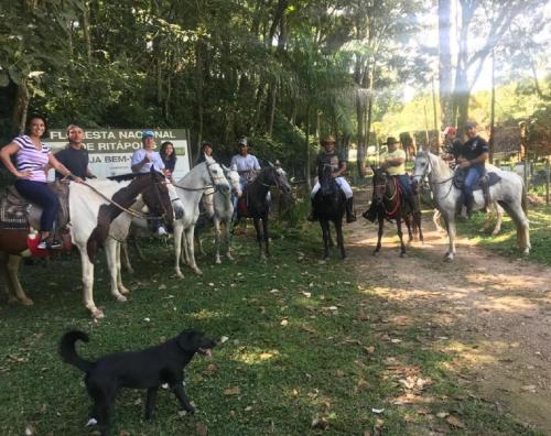 a group of people on horses and a black dog at Chalés do Recanto in São João del Rei
