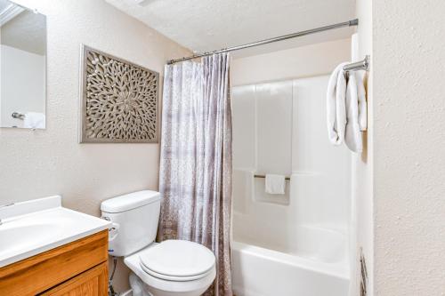 uma casa de banho com um WC, um lavatório e um chuveiro em Christi Villa 100 em Angel Fire