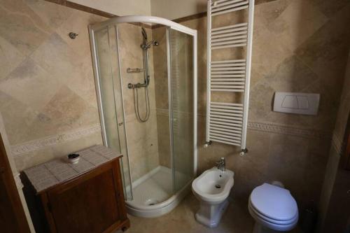 y baño con ducha, aseo y lavamanos. en IL POZZO SUL COLLE, en Rigomagno