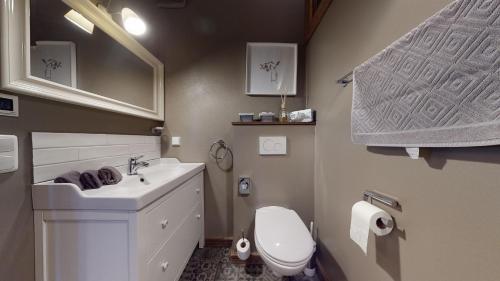a bathroom with a sink and a toilet and a mirror at Herrenhaus Gut Neuruppersdorf in Timmendorfer Strand