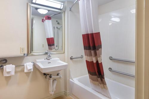 La salle de bains est pourvue d'un lavabo, de toilettes et d'une douche. dans l'établissement Red Roof Inn Detroit - Farmington Hills, à Farmington Hills