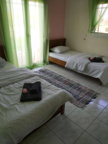 a bedroom with two beds and a hat on the floor at Villa Residenz Sofia1 in Fíki