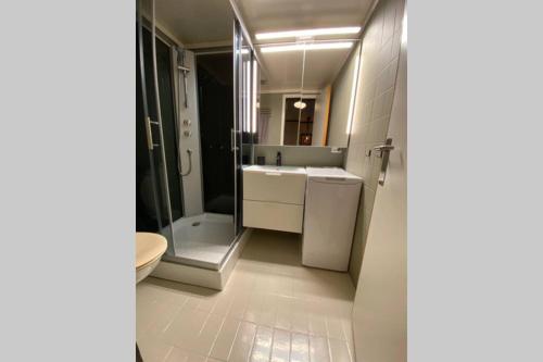 een badkamer met een toilet, een wastafel en een douche bij Beste beliggenhet på Geilo. in Geilo