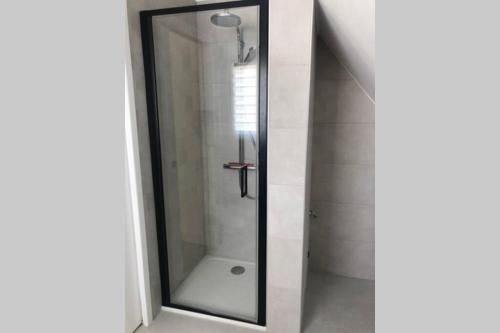 La salle de bains est pourvue d'une douche avec une porte en verre. dans l'établissement CosyBNB bleu, logement indépendant, wifi, parking, petit déjeuner, à Ittenheim