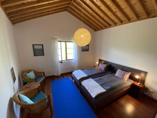 sypialnia z dużym łóżkiem i niebieskim dywanem w obiekcie Quinta Perpetua, Casa Pico w mieście Alto do Sul