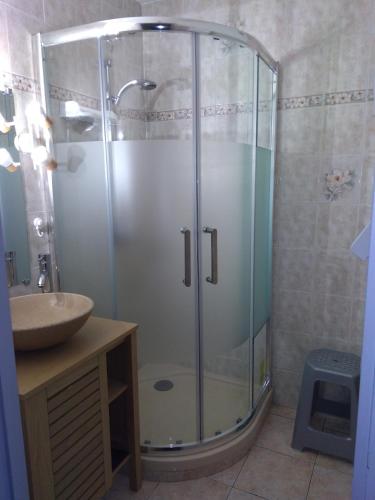 une salle de bain avec douche et lavabo dans l'établissement Appt plage et soleil, à San-Nicolao