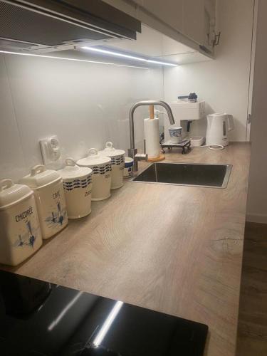 a kitchen with a sink and a bunch of drums at Apatrament Krewetka in Rowy