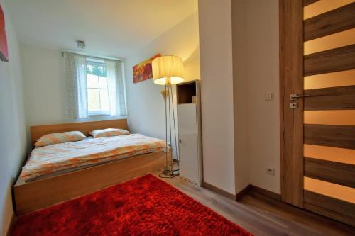 1 dormitorio con cama y alfombra roja en Apartment Dalibor II. en Špindlerův Mlýn