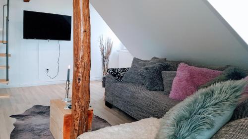 a living room with a couch and a television at Villa Appartements Syke in Syke