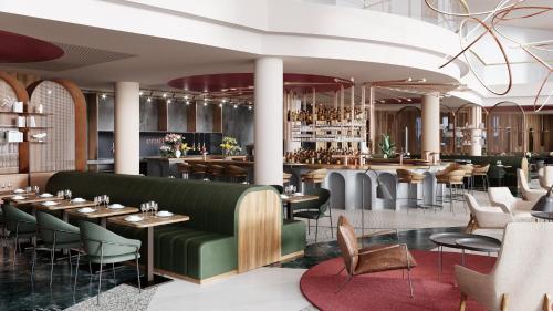 a rendering of a restaurant with tables and a bar at Crowne Plaza Brussels Airport by IHG in Zaventem