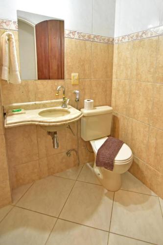 a bathroom with a toilet and a sink and a mirror at Hotel Velejador,há 5 minutos do Centro Historico in Paraty