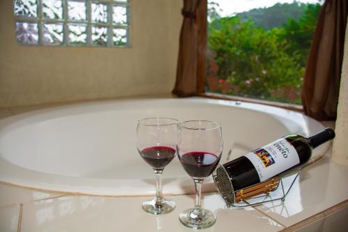 聖安東尼奧－杜皮尼亞爾的住宿－皮尼亞爾維尼亞斯旅館，浴缸内的一瓶葡萄酒和两杯酒