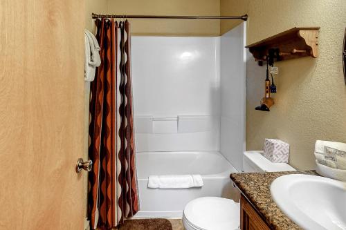 y baño con cortina de ducha y lavamanos. en Timberline Vista, en Cripple Creek