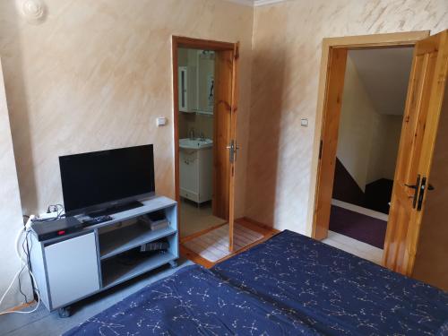 a bedroom with a bed and a tv on a dresser at Къща Томови,стаи за гости in Devin