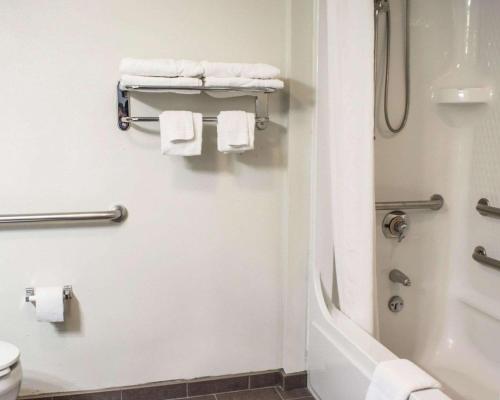 uma casa de banho com chuveiro, WC e toalhas em Sleep Inn Historic Williamsburg em Williamsburg