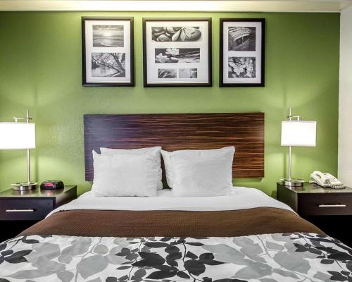 a bedroom with a bed with green walls and two lamps at Sleep Inn Louisville Airport & Expo in Louisville