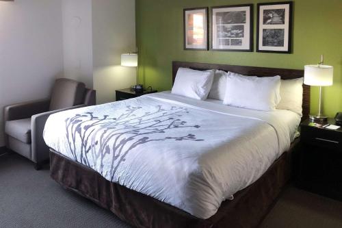 a hotel room with a large bed with white sheets at Days Inn by Wyndham McDonough in McDonough