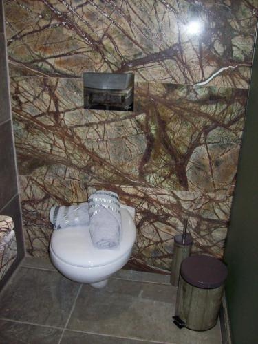 a bathroom with a toilet and a stone wall at Sea breeze 2 in Limenaria