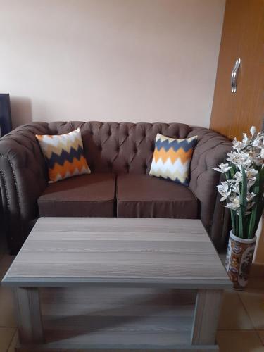 brązowa kanapa z poduszkami i stolik kawowy w obiekcie Royal studio in Kitengela w mieście Athi River