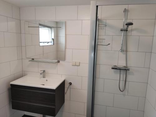 a bathroom with a sink and a shower at Het Duintje in Scharendijke