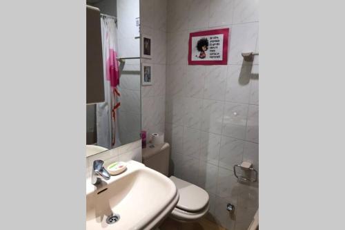 La salle de bains est pourvue d'un lavabo blanc et de toilettes. dans l'établissement Apartamento en pleno Centro CATEDRAL, à Oviedo