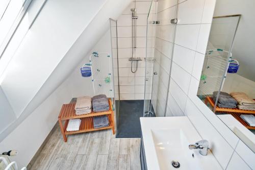 Baño en el ático con ducha y lavabo en Maison de 2 chambres avec jardin clos et wifi a Stotzheim, en Stotzheim