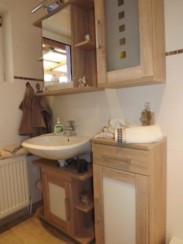 a bathroom with a sink and a mirror at Ferienwohnung Ostseenähe in Schönberg