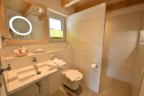 W łazience znajduje się umywalka, toaleta i lustro. w obiekcie Chalets am Rößle w mieście Todtmoos