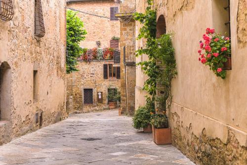 an alley with flowers in an old building at Il Giardino del Cardinale - Deb'S Monticchiello in Monticchiello