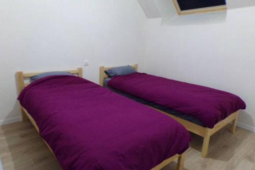 GuerlédanにあるLE HERON - LES VERGERS DE GUERLEDANの紫のシーツが備わる客室内のベッド2台