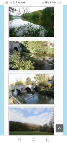 three pictures of a river and a bridge at Maison d'hôtes Les Notes Endormies in Walcourt
