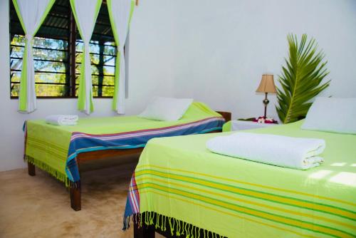 two beds in a room with green and yellow sheets at A Rocha Eco-Lodge & Conservation Centre in Watamu