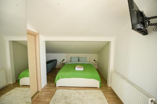 a bedroom with a green bed in a room at The Green Apartments in Magarevo