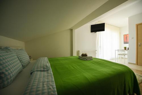 a bedroom with a green bed and a flat screen tv at The Green Apartments in Magarevo
