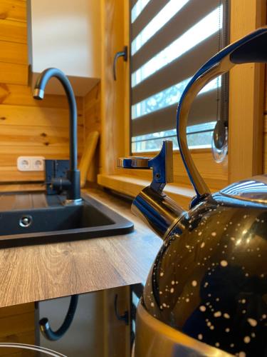 a kitchen with a sink and a pot on a counter at Mazurski Domek in Mikołajki