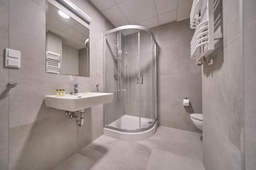 a bathroom with a shower and a sink and a toilet at Apartamenty Collegia in Gdańsk