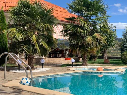 a pool with two palm trees and a building at Villa Exotic in Kavadarci