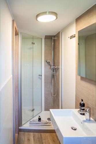 a bathroom with a shower and a white sink at Pension Hotel Sartor in Kurort Altenberg