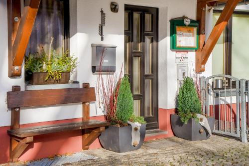 a bench sitting outside of a building with potted plants at Pension Hotel Sartor in Kurort Altenberg