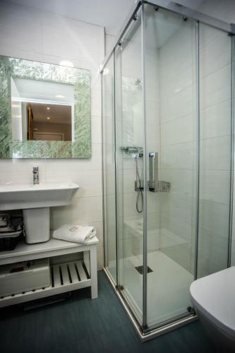 a bathroom with a glass shower and a sink at ÁTICO CONFORT ORIO Parking incluido in Orio
