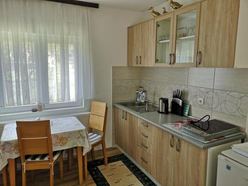 cocina con armarios de madera, mesa, mesa y sillas en Apartmani Žubor en Banja Koviljača