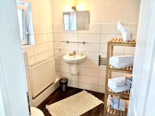 a small bathroom with a sink and a toilet at fewo1846 - Hyggelig Ferie - komfortable ländlich gelegene 2-Zimmer-Wohnung in Flensburg