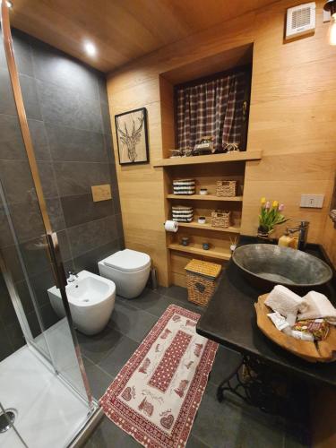 a bathroom with a shower and a toilet and a sink at Chalet Salet in Vernante