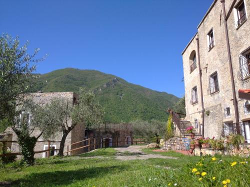 un vieux bâtiment avec une montagne en arrière-plan dans l'établissement Agriturismo LE CASE ROTTE, à Balestrino