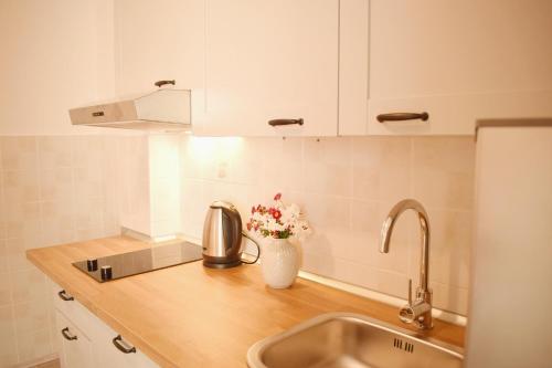- un comptoir de cuisine avec un évier et un vase de fleurs dans l'établissement Mljet Sunset Apartments, à Pomena