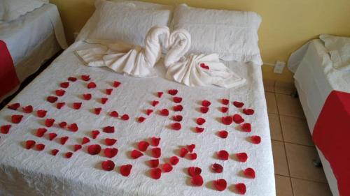a bed with red rose petals on it at Hotel Chapadao Da Canastra in São Roque de Minas