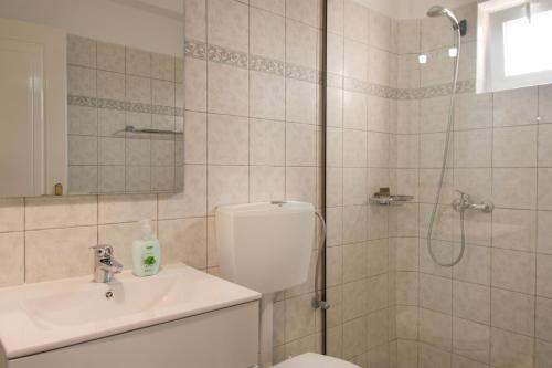 La salle de bains est pourvue d'une douche, de toilettes et d'un lavabo. dans l'établissement Elounda Anemelia Apartments, à Elounda